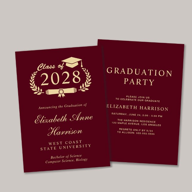 Convites Partido do Formandos da Borgonha do Script Elegant (An elegant college graduation party invitation to celebrate the graduate's achievements)