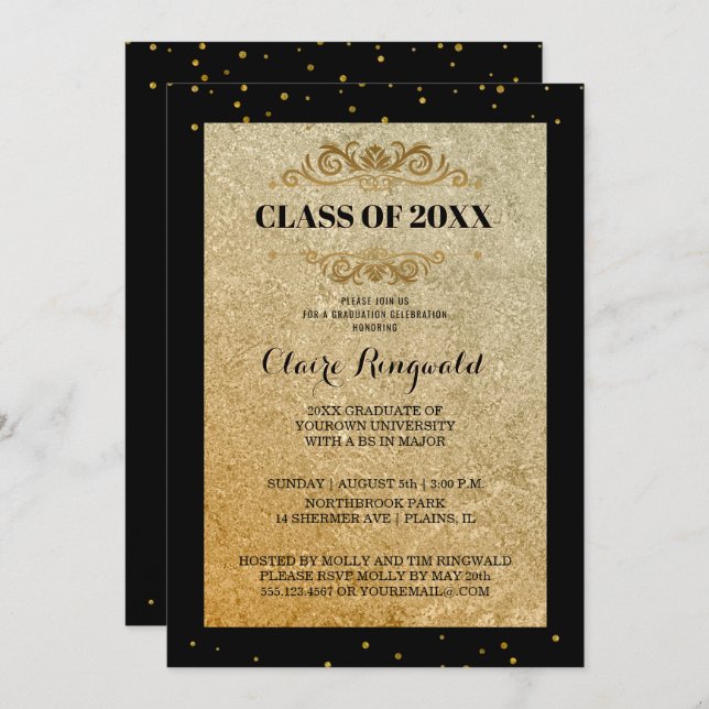 Convites Partido do Formandos Formal Dourado Elegante (Frente/Verso)