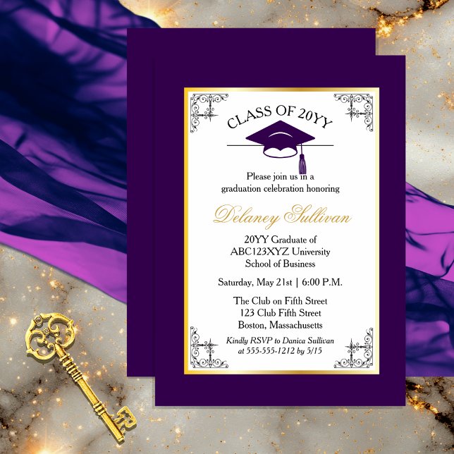 Convites Partido do Formandos Formal Elegante (Elegant Formal Gold Tone and Dark Purple College | University Graduation Party Invitation )