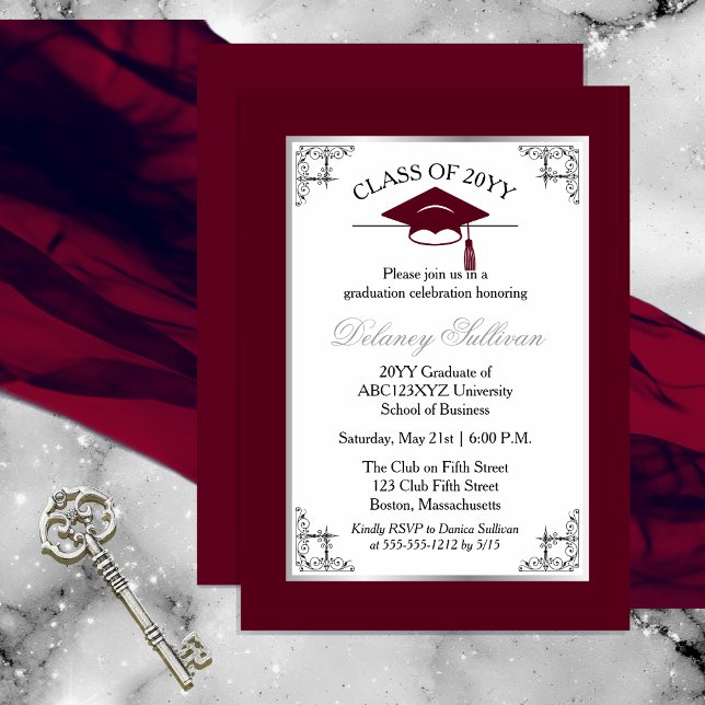Convites Partido do Formandos Formal Elegante (Elegant Formal Silver Tone and Burgundy College | University Graduation Party Invitation )