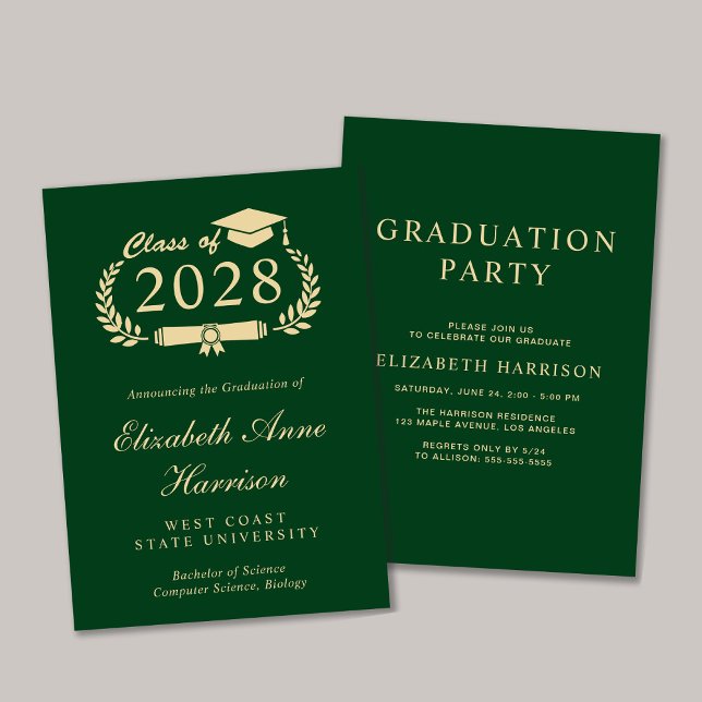 Convites Partido do Formandos Verde Elegante Script (An elegant college graduation announcement to celebrate the graduate's achievements)