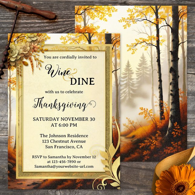 Convites Partido do Janto Elegante Dourado de Ação de Graça (Thanksgiving dinner party invitation featuring a gold stylized design with leaves and forest path)