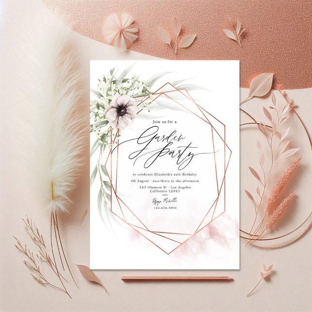 Convites Partido do Jardim Geométrico Dourado, Rosa e Rosa (Blush Pink and Rose Gold Geometric Garden Party Invitation)