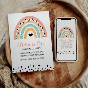 Convites Partido do primeiro aniversario Arco-Íris e Coraçõ