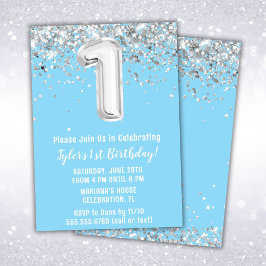 Convites Partido do primeiro aniversario de Prata Azul Clar