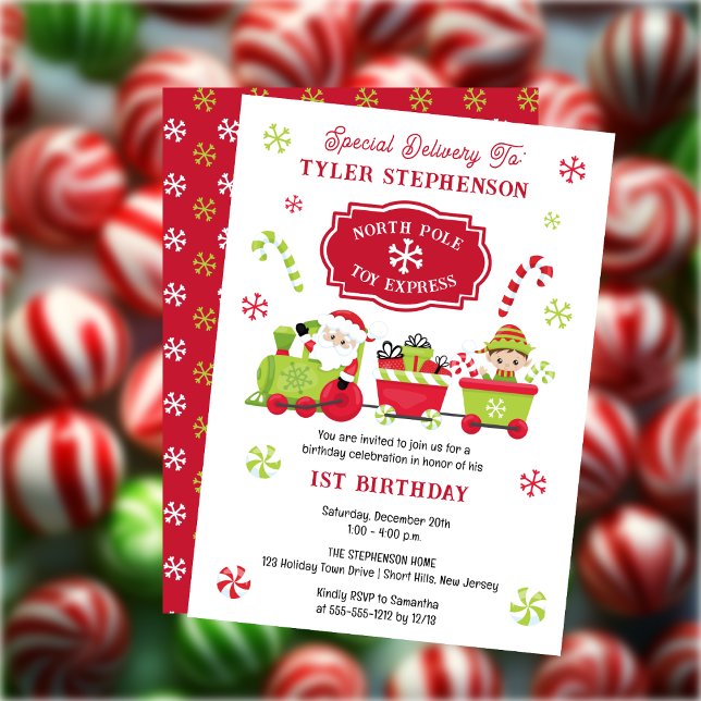 Convites Partido do primeiro aniversario de Trem Expresso d (North Pole Christmas Holiday 1st Birthday Party Invitation)