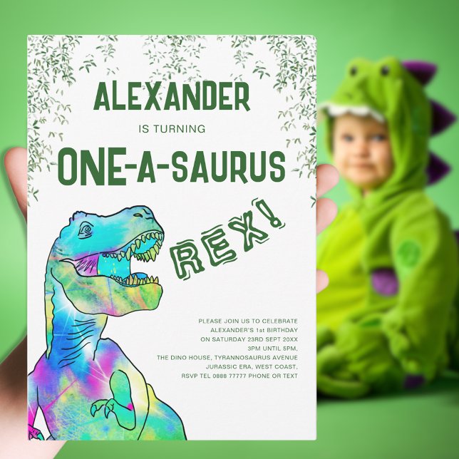 Convites Partido do primeiro aniversario Um-A-Saurus Dinoss (One-a-saurus Rex dinosaur 1st birthday party green invitation colorful T-Rex dino Jurassic jungle)