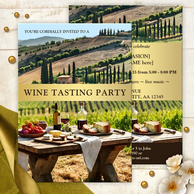 Convites Partido do Provando de Vinho Exterior Italiano (Italian style outdoors wine tasting party invitation featuring a Tuscan landscape with red wine)