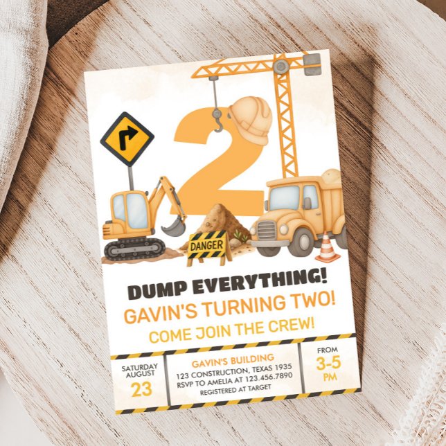 Convites Partido do segundo aniversário de Caminhões de Con (Construction Trucks 2nd Birthday Party Invitation)