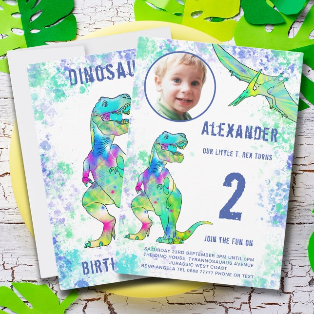 Convites Partido do segundo aniversário do Dinossauro T-Rex (T-Rex dinosaur 2nd birthday party invitation watercolor Tyrannosaurus rex & pterodactyl flying dino)