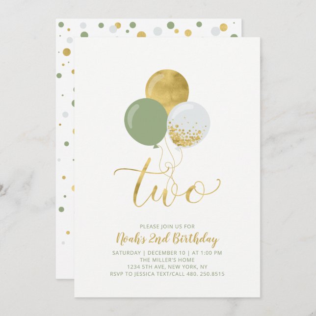 Convites Partido do segundo aniversário dos Balões Verdes e (Frente/Verso)