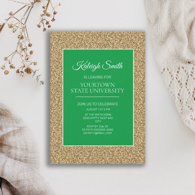 Convites Partido do Tronco Colégio Elegante Dourado Glitter (Green and gold glitter graduation trunk party invitation)