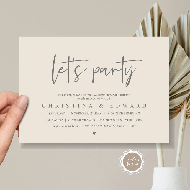 Convites Partido do vamos, Elopemento do Casamento, Minimal (Let's Party, Wedding Elopement Dinner Invitation Card, Printed and Digital File, in Grey and Cream)