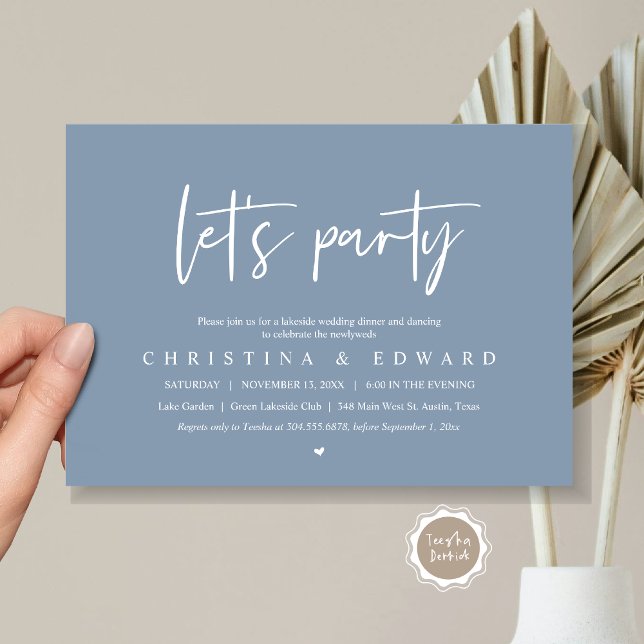 Convites Partido do vamos, Elopemento do Casamento, Minimal (Let's Party, Wedding Elopement Dinner Invitation Card, Printed and Digital File, in dusty blue)