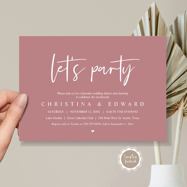 Convites Partido do vamos, Elopemento do Casamento, Minimal (Let's Party, Wedding Elopement Dinner Invitation Card, Printed and Digital File, in dusty rose pink)