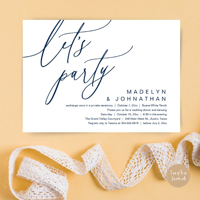 Convites Partido do vamos, Janto Romântico de Casamento e D (Let's Party, Romantic Charm Wedding Dinner Dancing Lunch Brunch Invitation Card PDF Navy Blue)