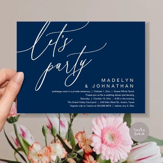 Convites Partido do vamos, Janto Romântico de Casamento e D (Let's Party, Romantic Charm Wedding Dinner Dancing Lunch Brunch Invitation Card PDF Navy Blue)