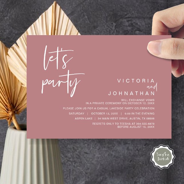 Convites Partido do vamos, Partido do Elopemento do Casamen (Let's Party, Wedding Elopement Dinner Invitation Card, Modern Minimalist Script, in Dusty rose pink)
