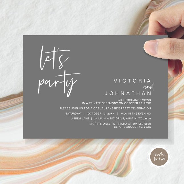 Convites Partido do vamos, Partido do Elopemento do Casamen (Let's Party, Wedding Elopement Dinner Invitation Card, Modern Minimalist Script, in Dark Grey)