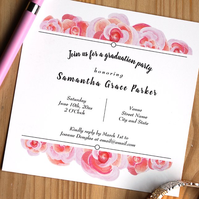 Convites Partido dos Rosas Botânicos Rosa e Creamsicle (Peach, pink, and black floral graduation party invitation for a Spring botanical roses theme)
