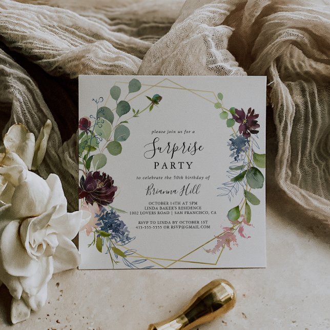 Convites Partido Dourado de Surpresa Geométrica Burgundy (Criador carregado)