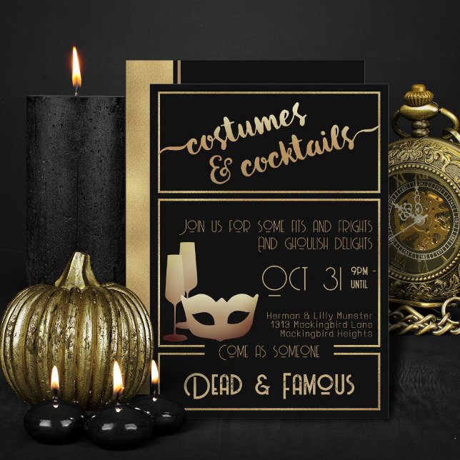 Convites Partido Dourado Elegante Adulto Moderno, Negro (Black and gold costumes and cocktails halloween invitations)