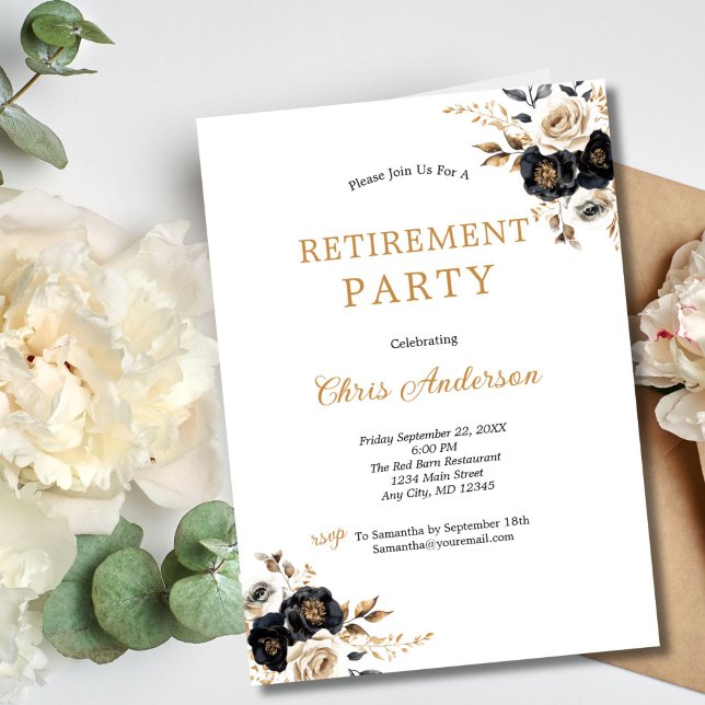 Convites Partido Dourado Floral Elegante Moderno da Reforma (Black Gold Watercolor Florals Retirement Party Invitation. Elegant and Modern. Printed or Digital )