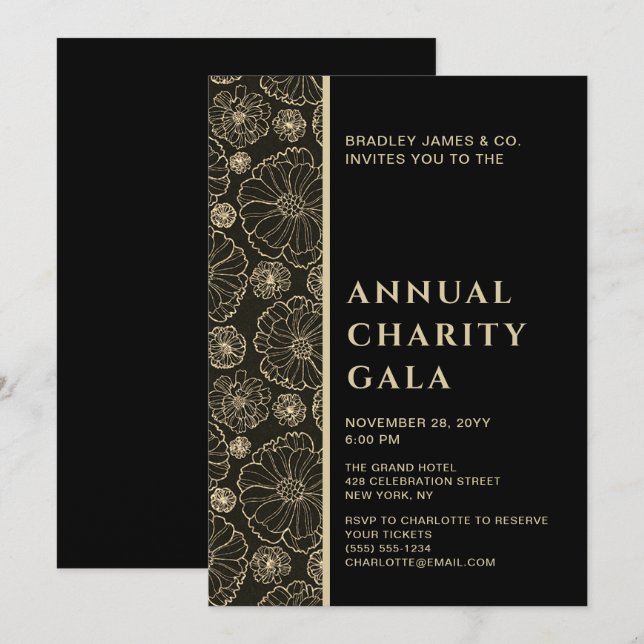 Convites Partido Elegante Black Botanic Charity Event Gala (Frente/Verso)