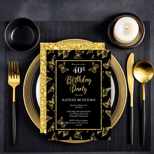 Convites Partido Elegante Black Dourado Butterflies anivers (Elegant Black and Faux Gold Glitter Butterflies 40th Birthday Party Invitation - Print | Digital)