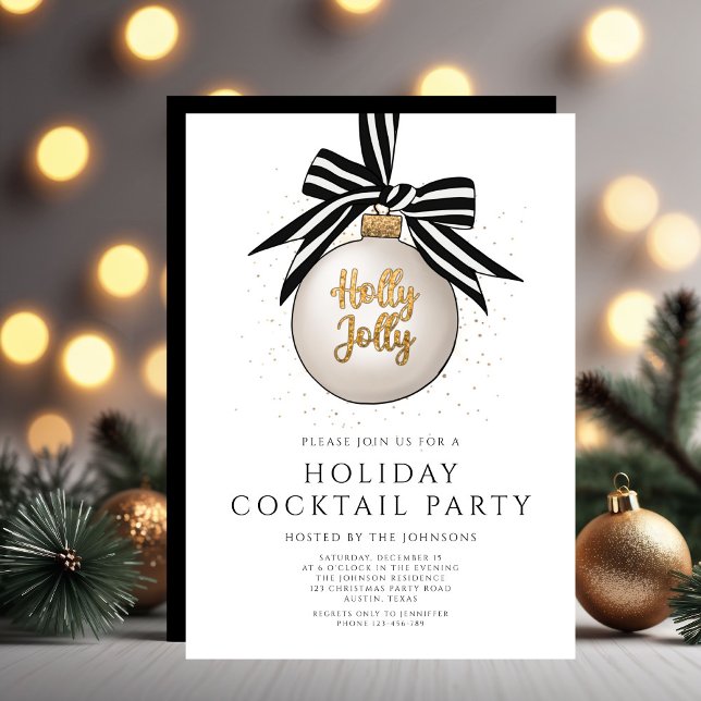 Convites Partido Elegante Black Dourado Holiday Cocktail (Elegant Black White Gold Holiday Cocktail Party Invitation)
