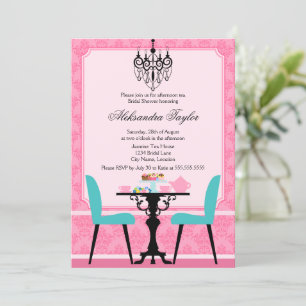 Convites Partido Elegante Damask e Chandelier Pink Aqua Tea