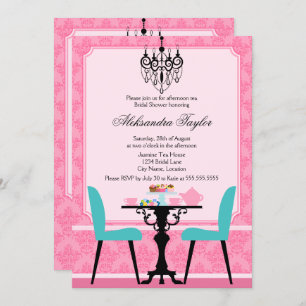 Convites Partido Elegante Damask e Chandelier Pink Aqua Tea