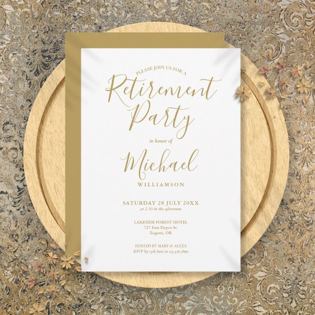 Convites Partido Elegante de Aposentação de Script Dourado (Elegant Gold Script Retirement Party Invitation)