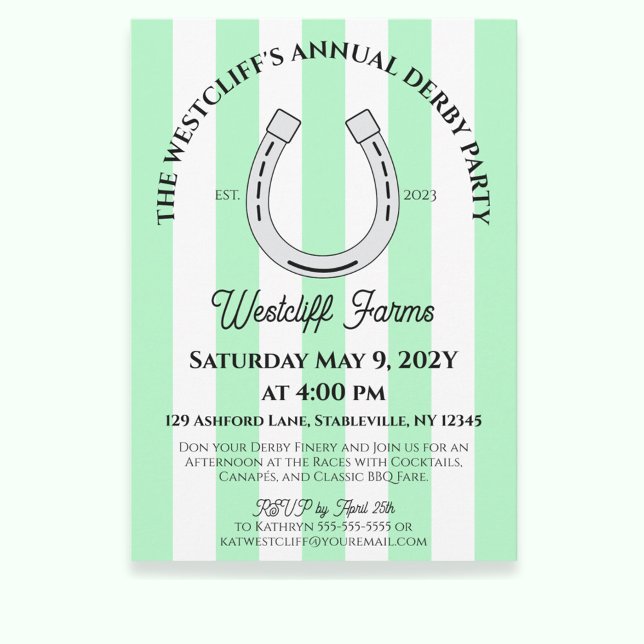Convites Partido Elegante Derby Mint Cabana Stripe Horsfere (Mint Green Cabana Stripes Horseshoe Derby Horse Racing Party Invitation)