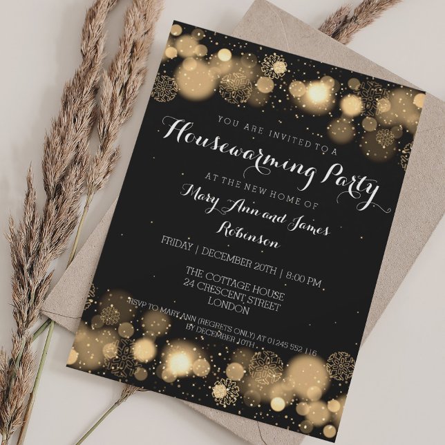 Convites Partido Elegante do Inverno do Inverno Dourado (Elegant Winter Housewarming Party Gold Invitation)
