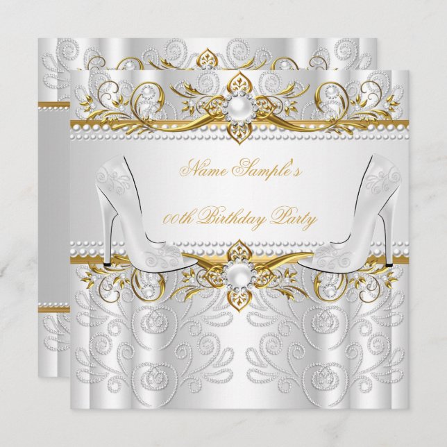 Convites Partido Elegante Dourado Pearl Diamond High Heels (Frente/Verso)