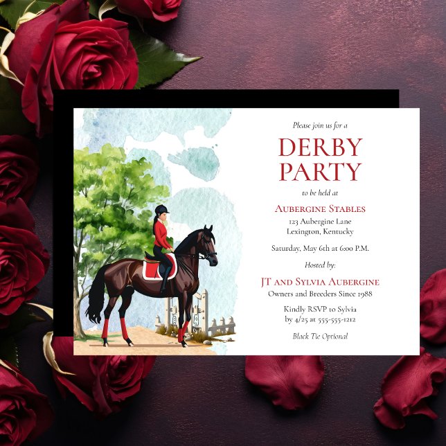 Convites Partido Elegante Jockey e Race Horse Derby (Elegant Girl Jockey in Red and Black and Race Horse Derby Party Invitation)