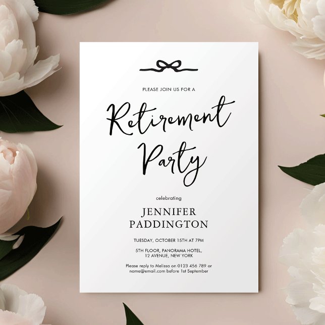 Convites Partido Elegante Mínimo de Aposentação Preto e Bra (Elegant minimalist retirement party invitation with handwritten style font and hand drawn bow)