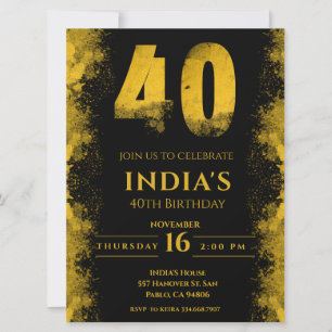 Convites Partido Elegante Negro E Dourado aniversário de 40