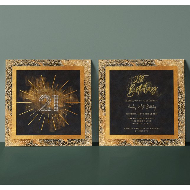 Convites Partido Elegante Negro e Dourado Glitter aniversár (Criador carregado)