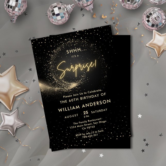 Convites Partido Elegante negro e surpresa Dourada (Elegant Glitter Black and Gold Surprise Party Invitation)