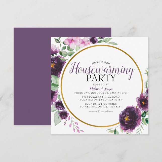 Convites Partido Elegante Purple Floral (Frente/Verso)