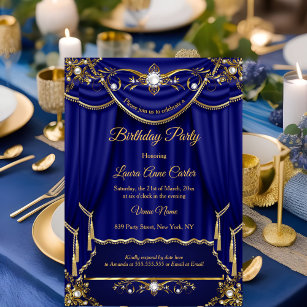 Convites Partido Elegante Real Dourado Pearl Draps Blue