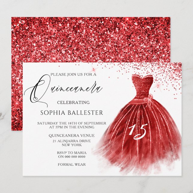 Convites Partido Elegante Red Glitter Gown Quinceanera (Frente/Verso)