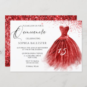 Convites Partido Elegante Red Glitter Gown Quinceanera