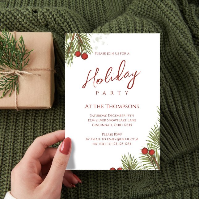 Convites Partido Elegante Red Holly Berries Feriado (Holiday party red and green pine branch invitations. )