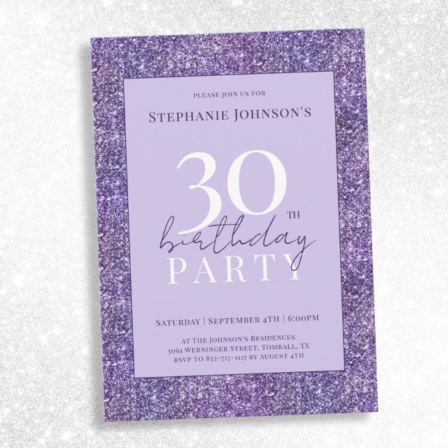Convites Partido Elegante Roxo aniversário de 30 anos (Elegant Purple Glitter 30th Birthday Party Invitation)