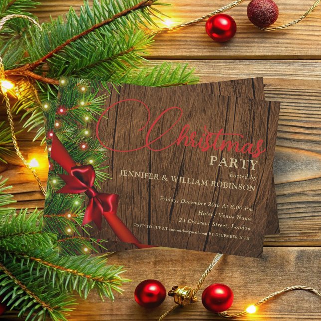 Convites Partido Elegante Russo Feriado de Férias do Pine e (Elegant Rustic Ribbon & Pine Xmas Holiday Party Invitation)