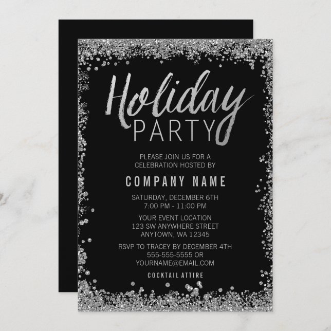 Convites Partido Faux Glitter Black Holiday Silver Faux (Frente/Verso)
