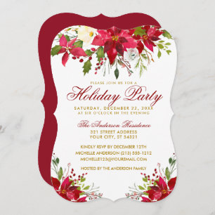 Convites Partido Feriado Red Watercolor Poinsettia Floral